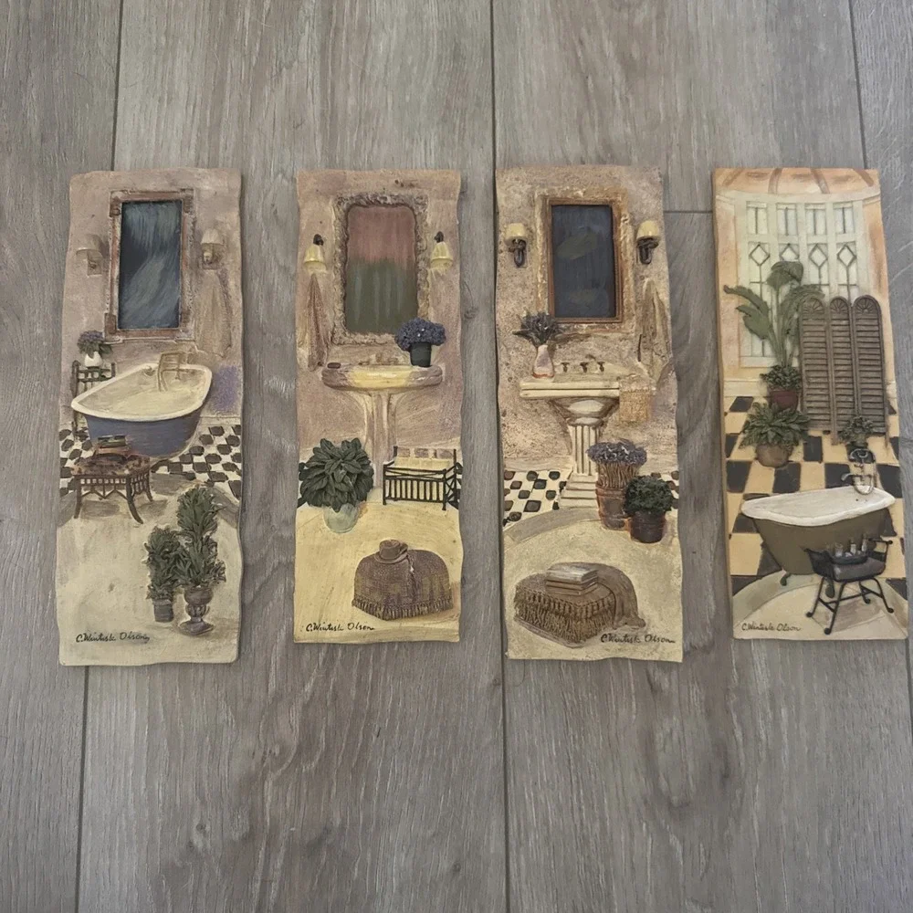 Vintage Set of 3 Decorative 3D Bathroom tiles by‎ C. Wimtisle Olson Bathtub Sink